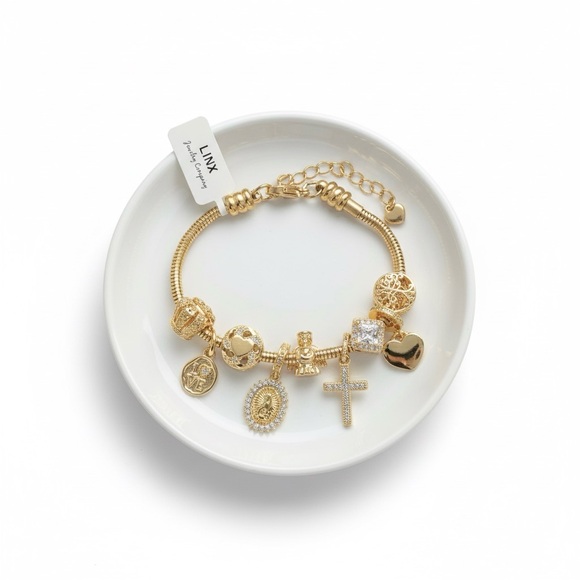 Linx yellow gold snake chain charm bracelet with Religious Themed Charms - Picture 4 of 10